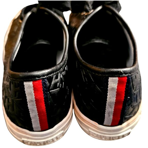 Tommy Hilfiger Womens Black Embossed Sneakers With Red & White Stripe Detailing - Picture 3 of 8